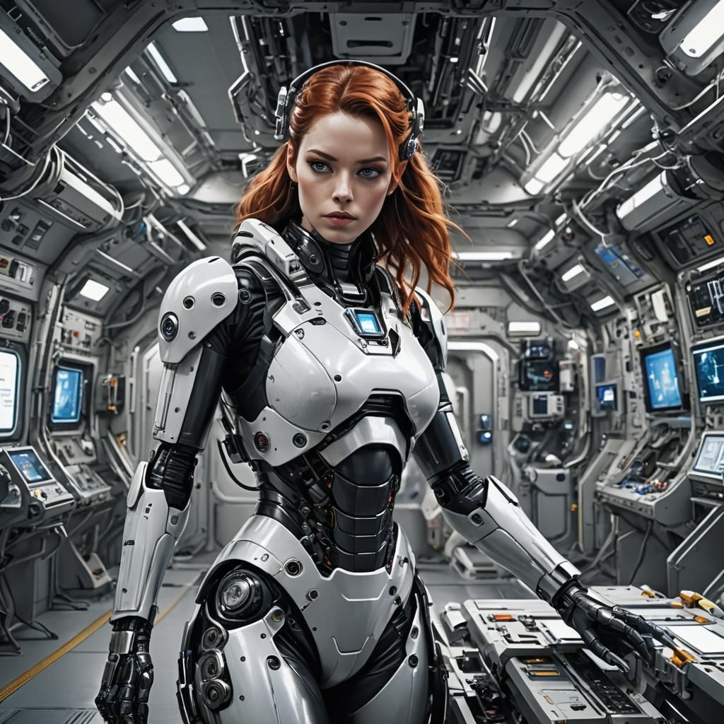 Sci-Fi Android Woman Working on Space Station