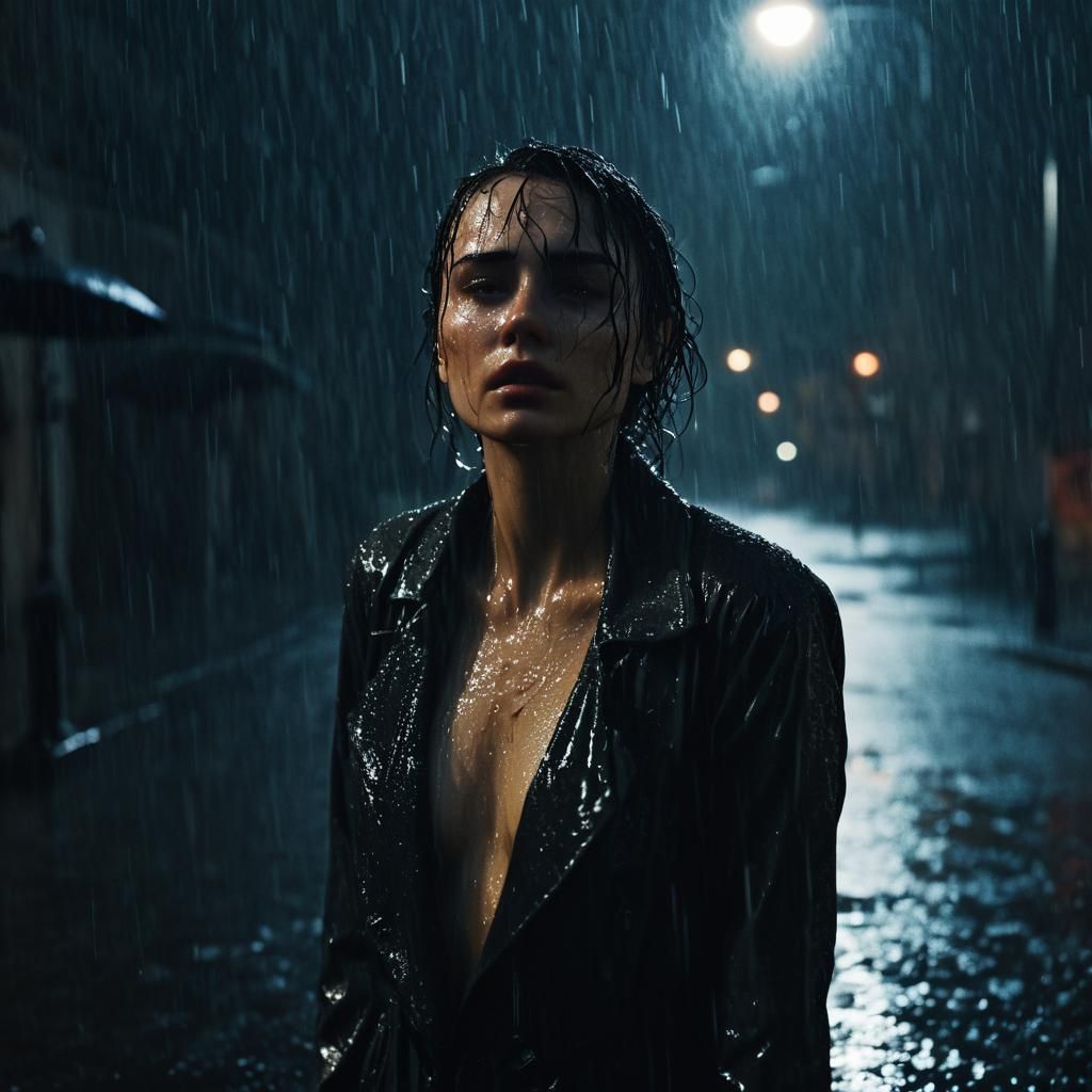 Rain-Soaked Woman in Film Noir Style