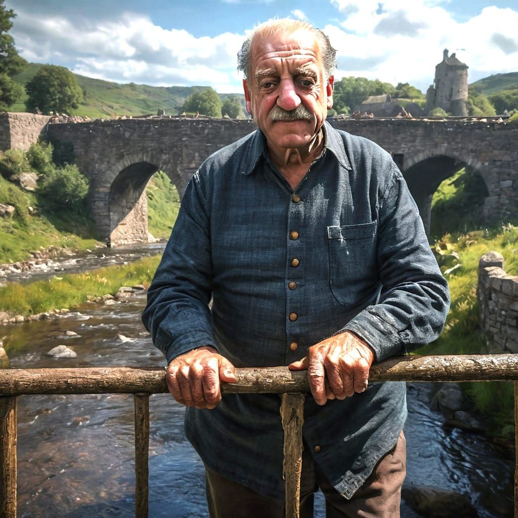 a peasant <Subject> crossing a bridge in medieval scotland.