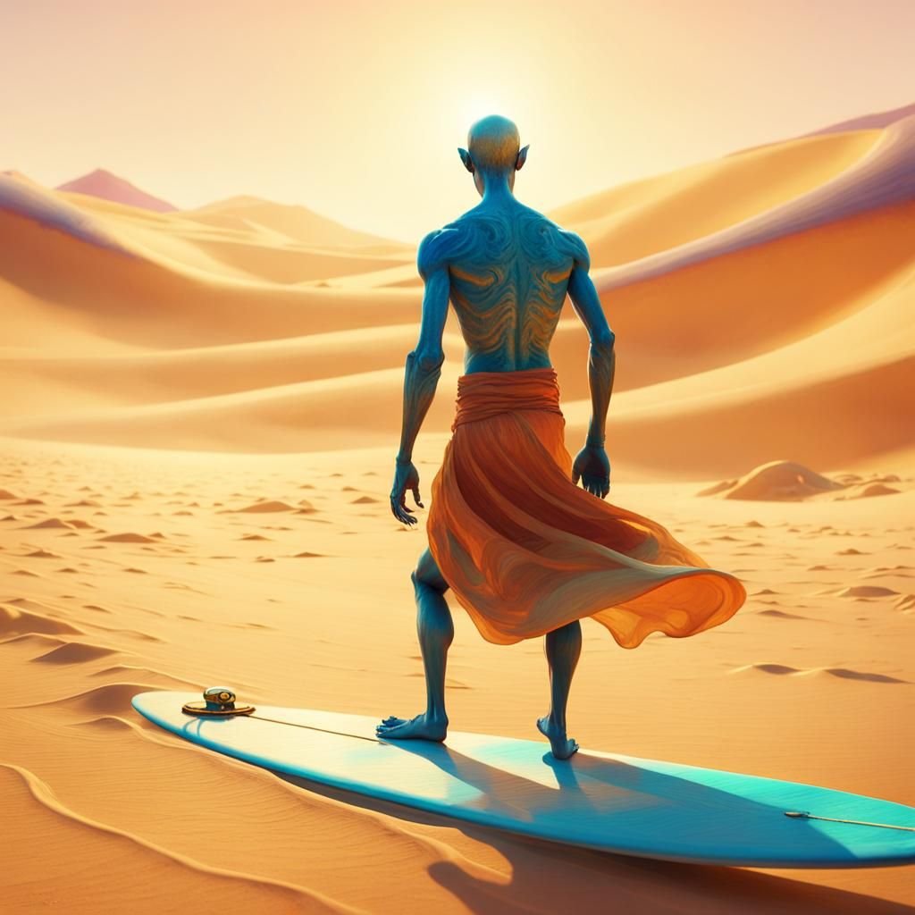 Genie Surfing in Desert: A Surrealist Concept Art