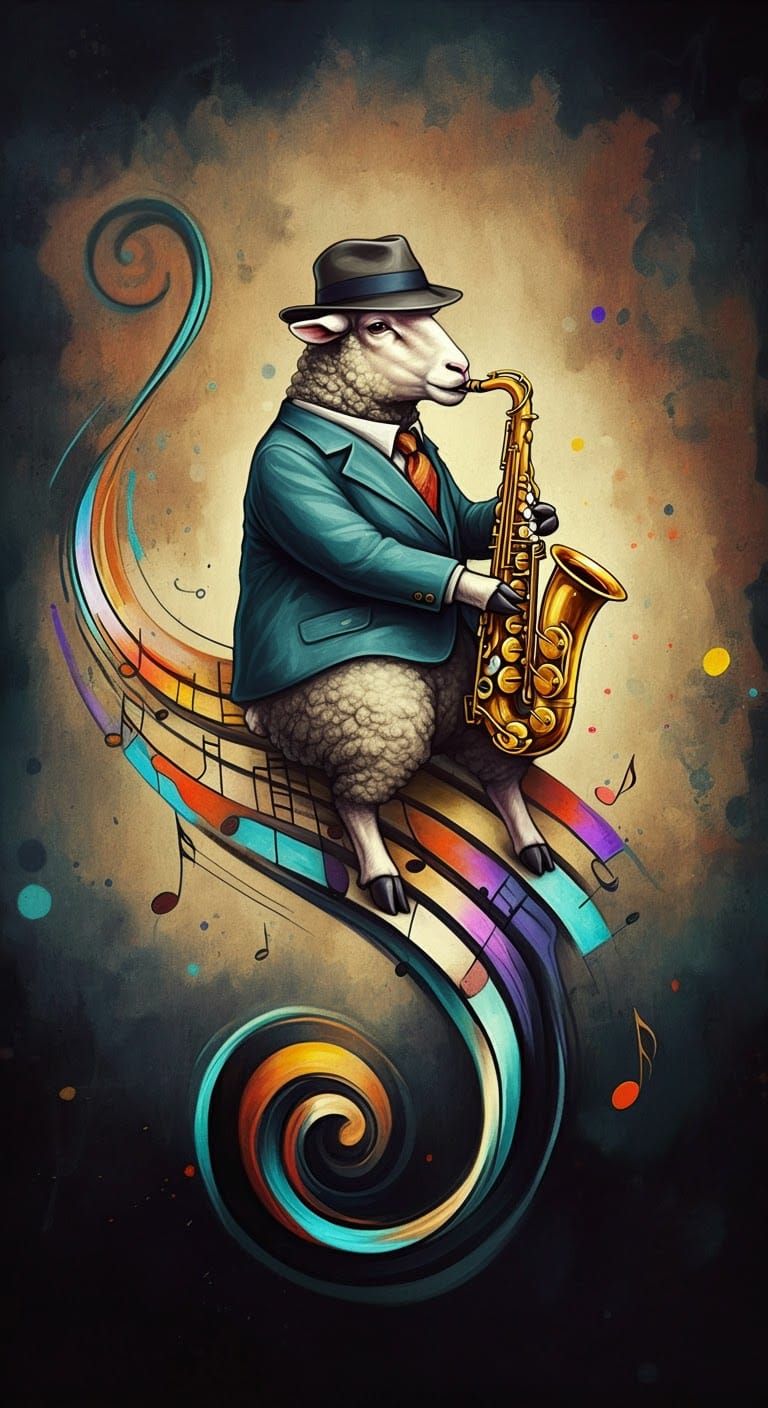 Sheep Jazz Saxophonist in Watercolor Style