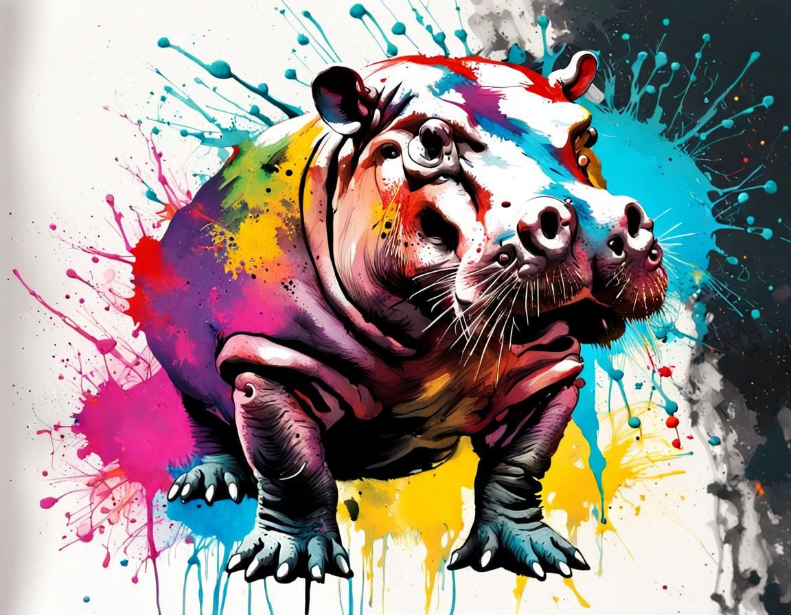 Pygmy Hippo Ink Splatter Illustration