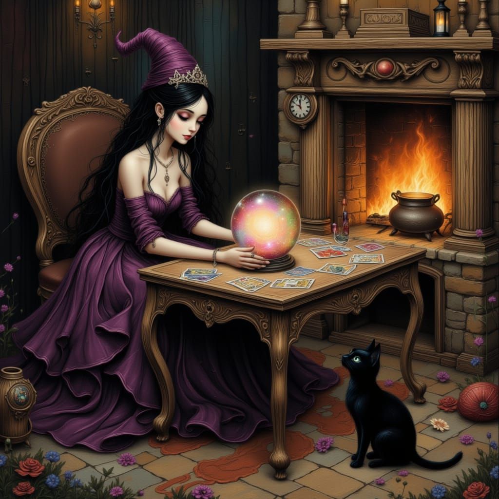 Witch Reading Future with Crystal Ball and Tarot Cards