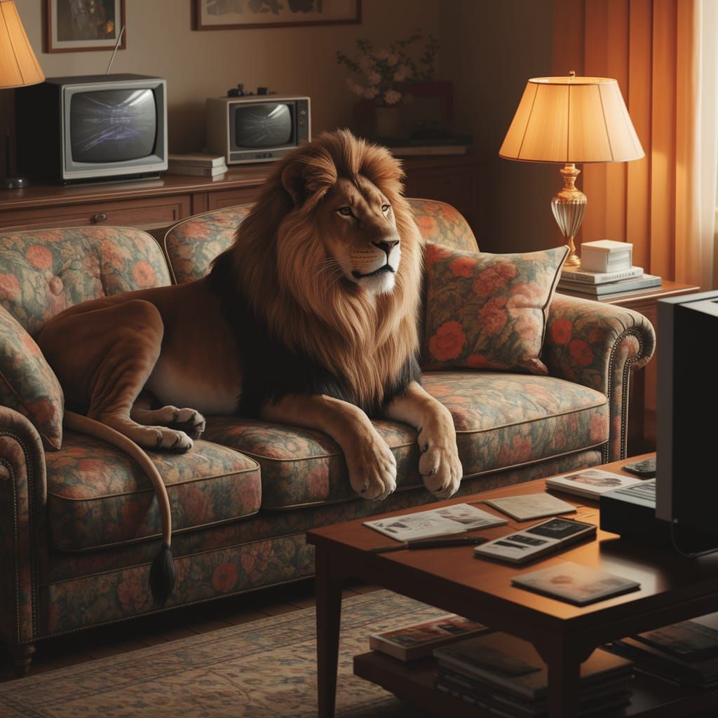 Regal Lion Relaxes in Cozy 1990s Living Room