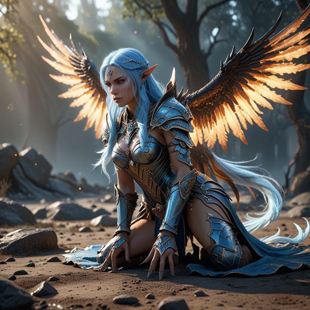 Elven Sorceress with Demonic Steed in Fantasy Scene