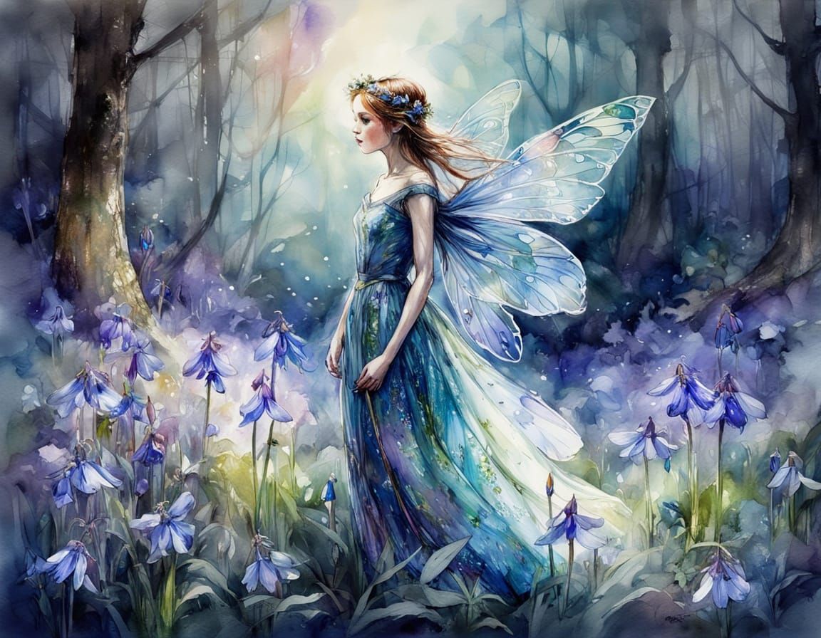 Fairy Thumbelina In Glass Dress On Bluebell, Stylized Waterc...