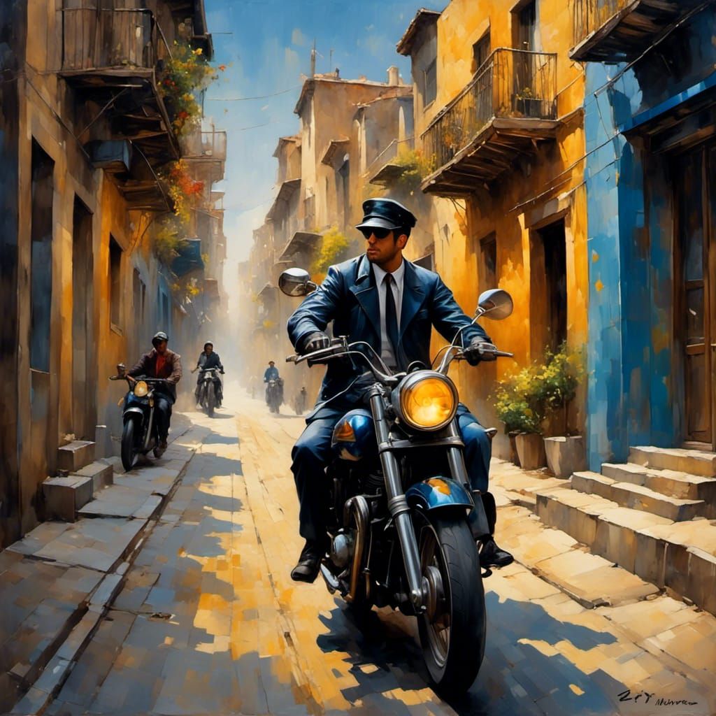 Detective on Motorcycle in Inner-City Alley