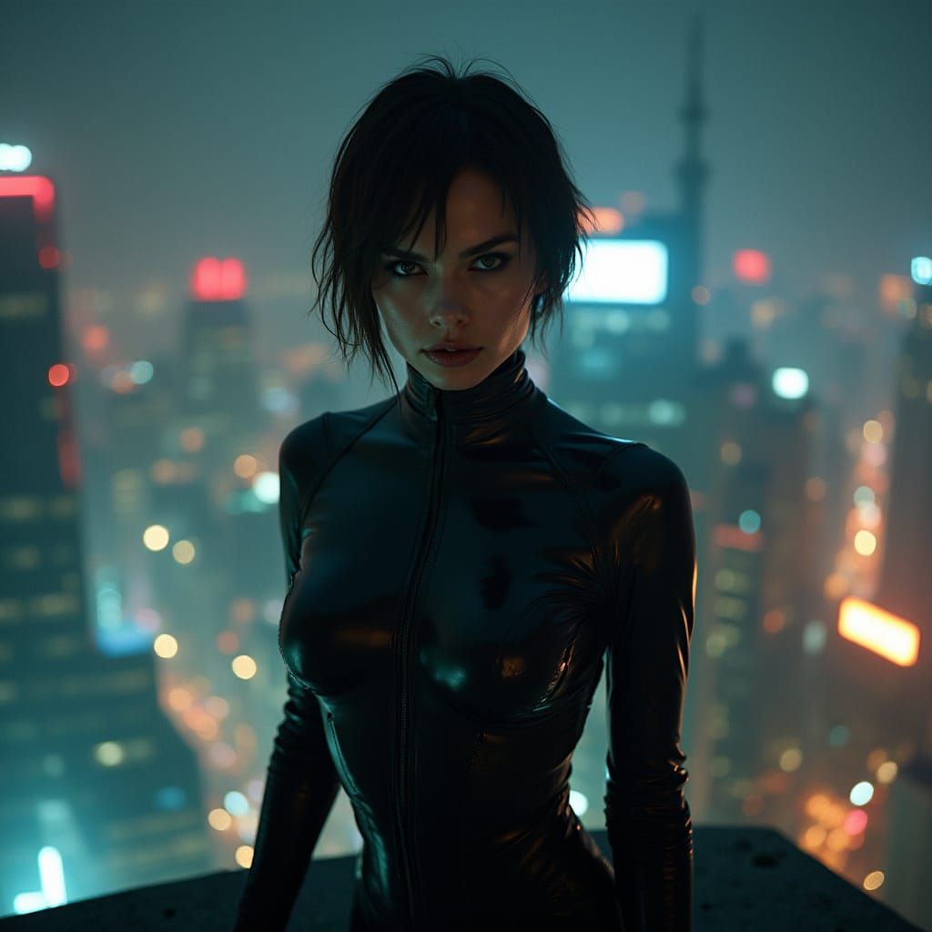 Cyberpunk Woman Overlooking Neon City at Night