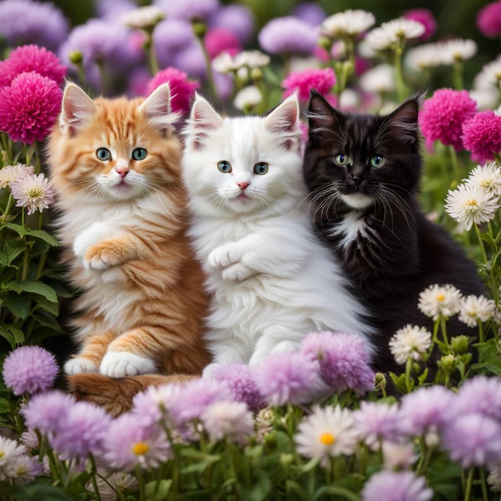 Three Colorful Kittens Resting in Fluffy Flowers