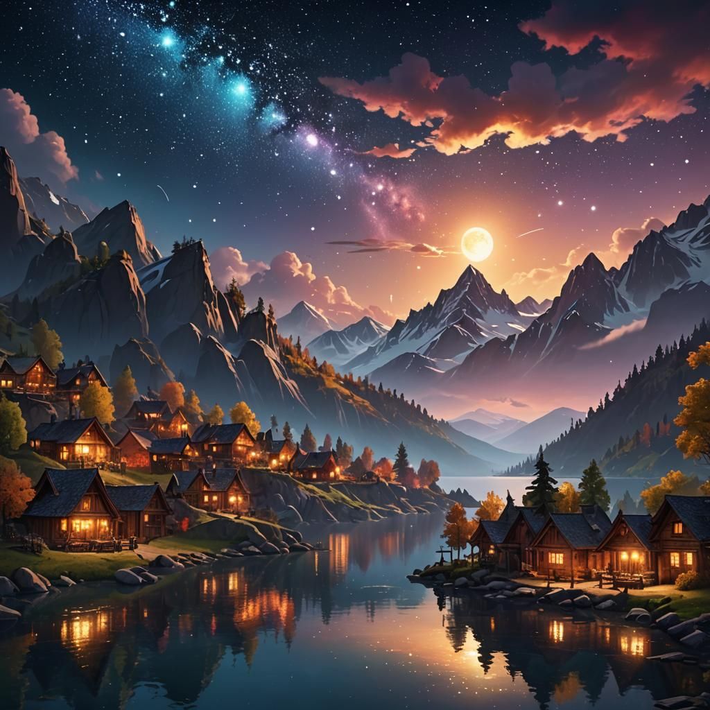 Lakeside Village at Night Under Starry Sky