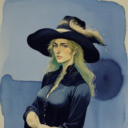 Cowgirls' Melancholy: Washed Ink and Watercolor Art