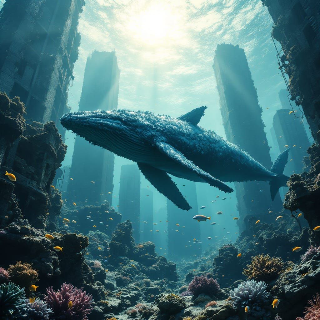 Whale in Sunken City Ruins: Hyper-Realistic 8K Rendering