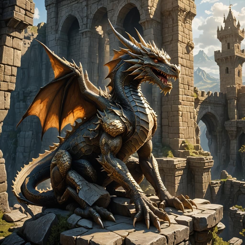 Majestic Dragon on Ancient Castle, Fantasy Art