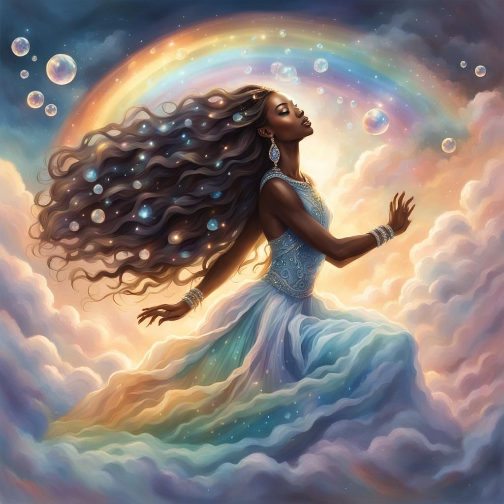 Radiant Spirit Girl on Rainbow Clouds in Hyper-Realism