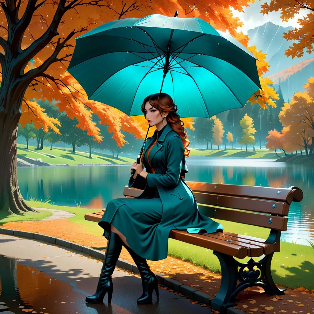 Woman by Lake in Rainy Autumn, Art Nouveau Style