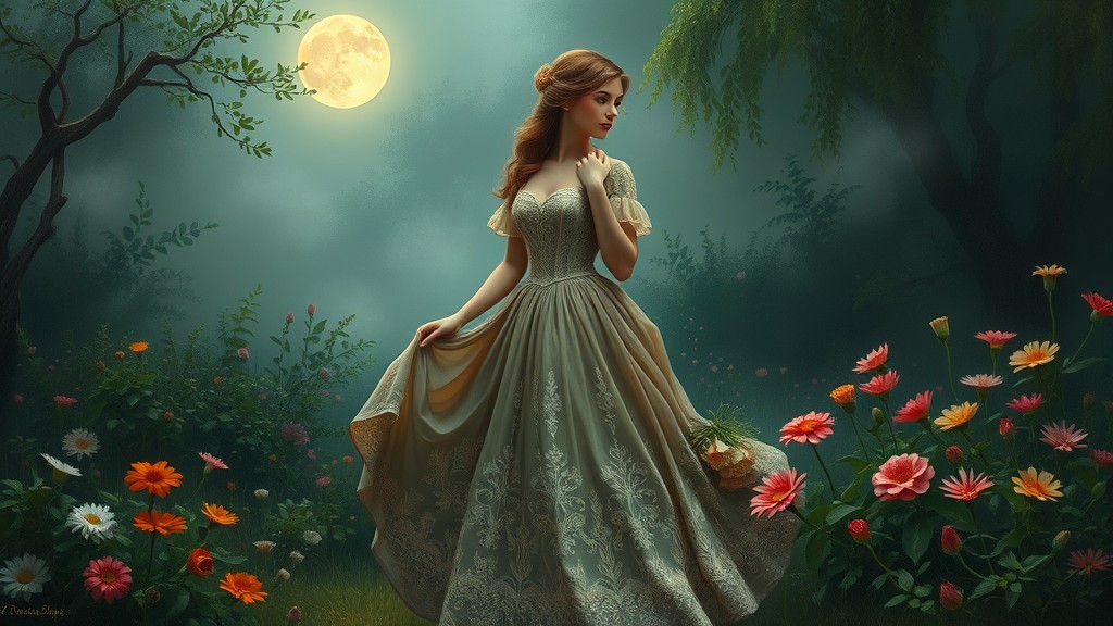 Woman in Victorian Dress in Moonlit Garden