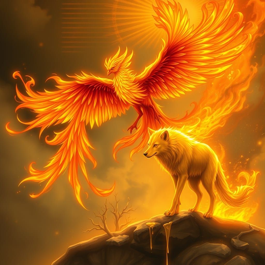 Ethereal Firebird Meets Majestic Golden Wolf in a Whimsical ...