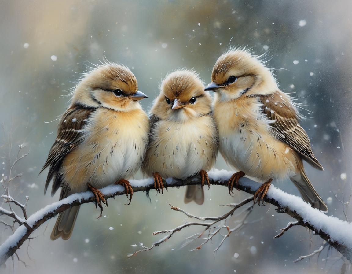 Winter Birds Snuggle Together in Snowy Scene