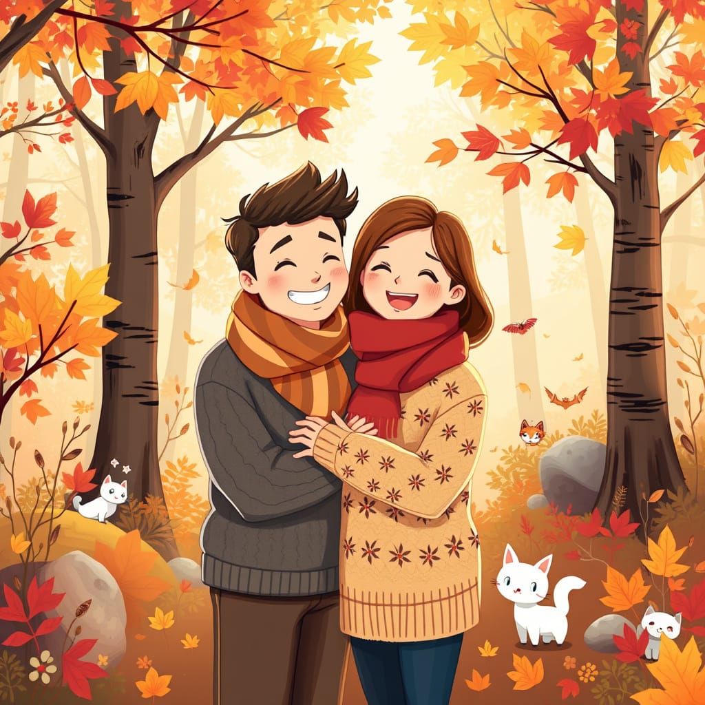 Chibi Cartoon Couple in Autumn Fantasy Forest