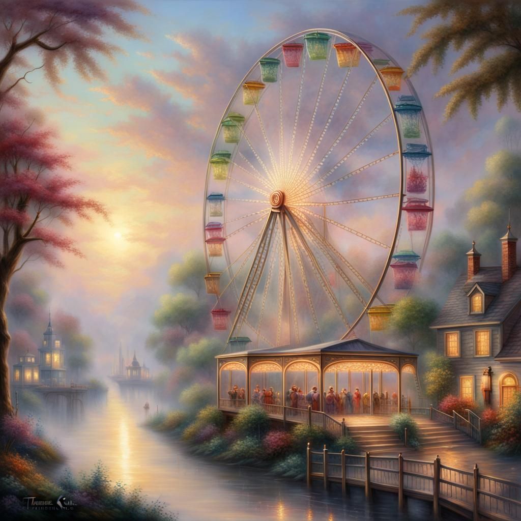 Ethereal Fantasy Ferris Wheel in Mist