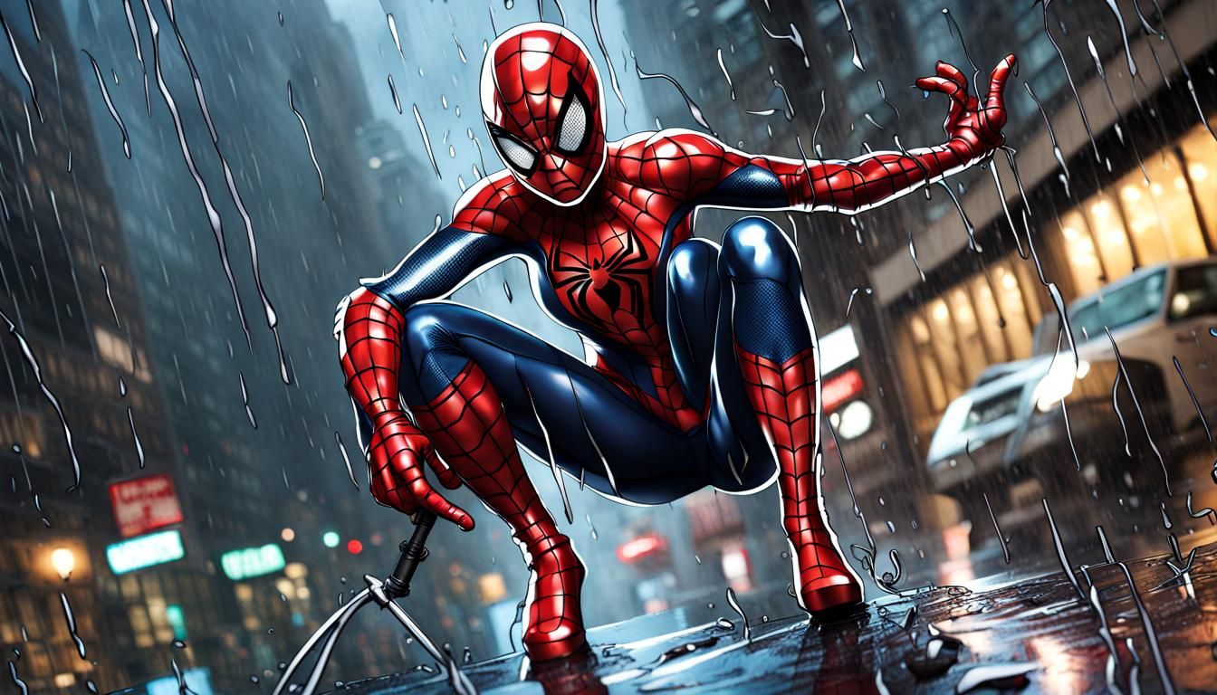 Female Superhero in City Rain, Comic Book Style