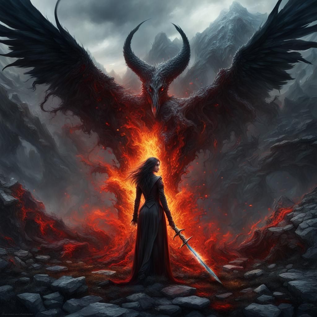 Female Demon with Glowing Sword in Maximalist Style