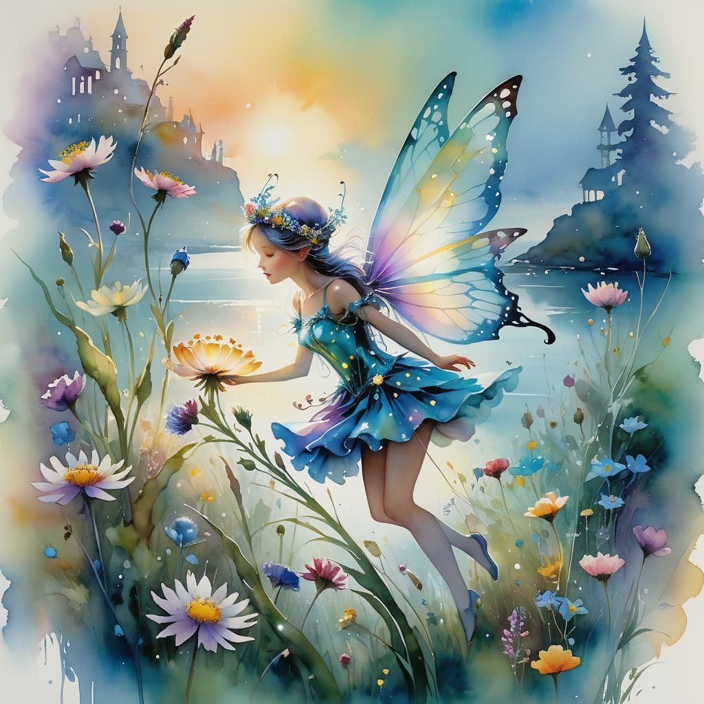 Iridescent Fairy Over Harbor, Watercolor and Ink Art