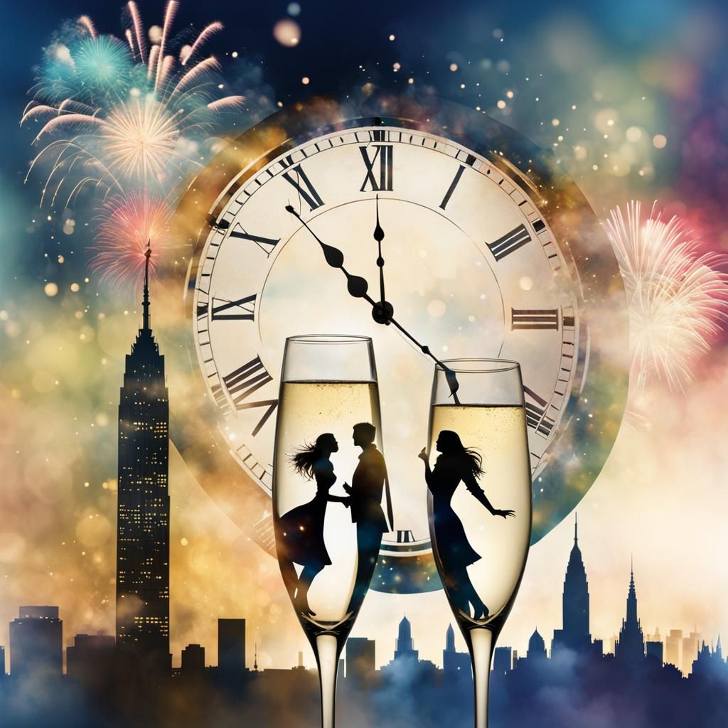 Champagne Toast at Midnight in Watercolor Style