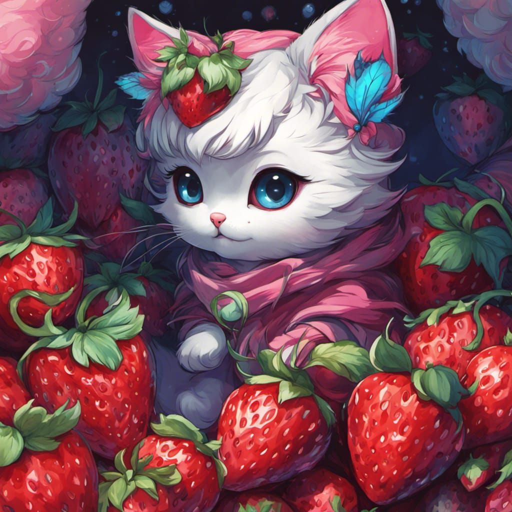 Chibi Kitten Surrounded by Strawberries