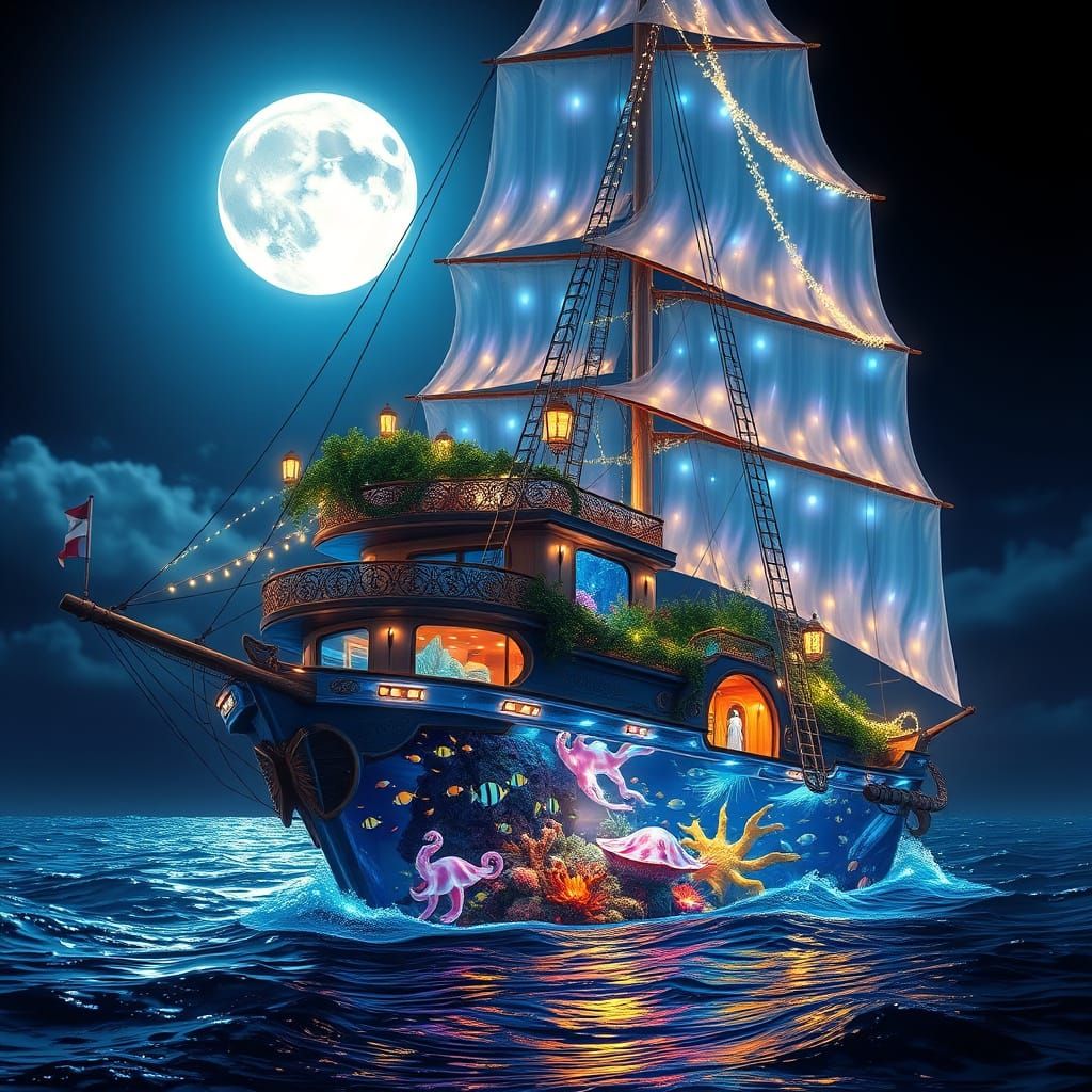 Ethereal Glass-Hulled Sailing Ship in Dreamlike Moonlit Ocea...