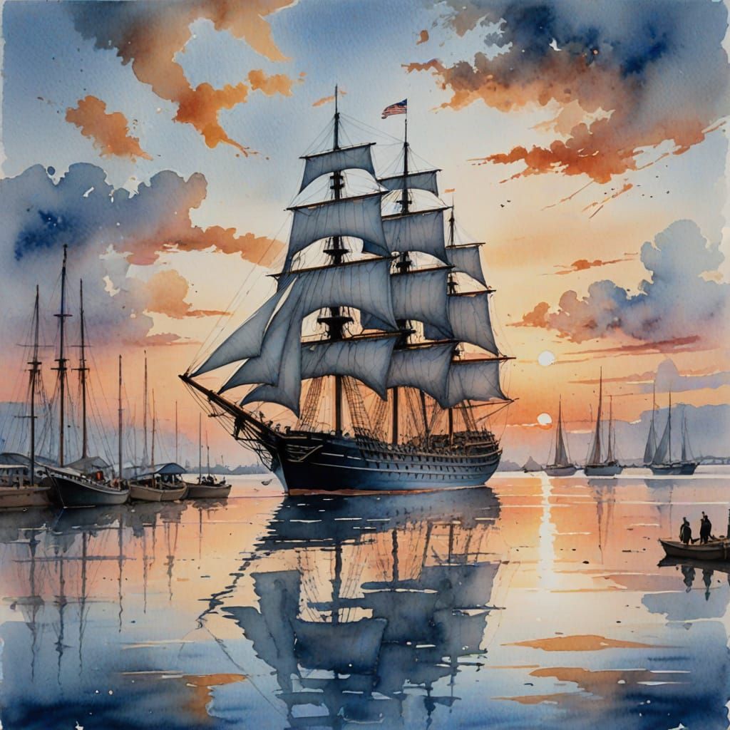 Majestic Sailing Ship at Sunset: Watercolor Painting
