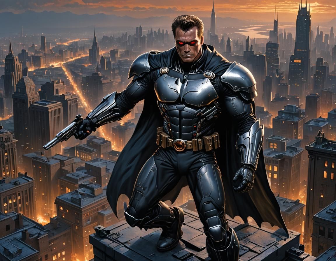 Batman as Terminator T-800 on Gotham Roofs