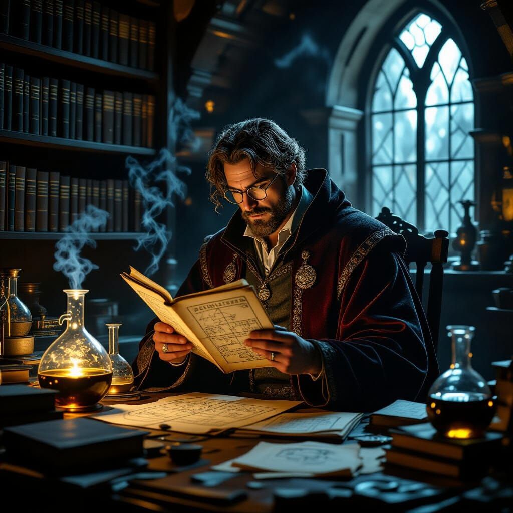 A lone alchemist in a dimly lit, cluttered study, surrounded...