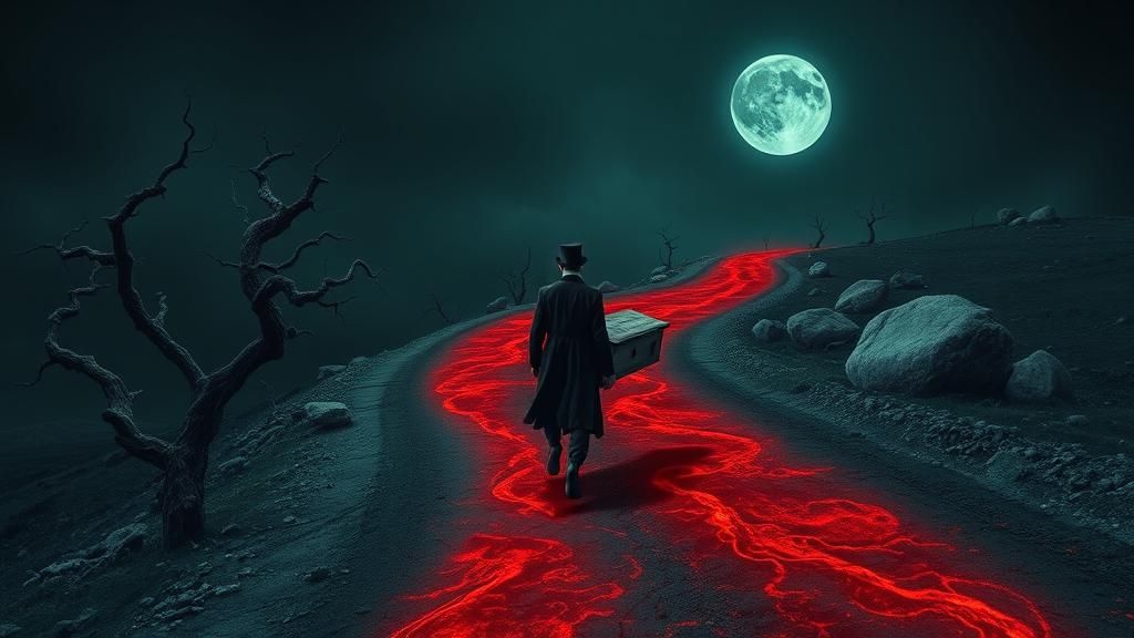 Eerie Wanderer on Crimson Road: Surreal Landscape