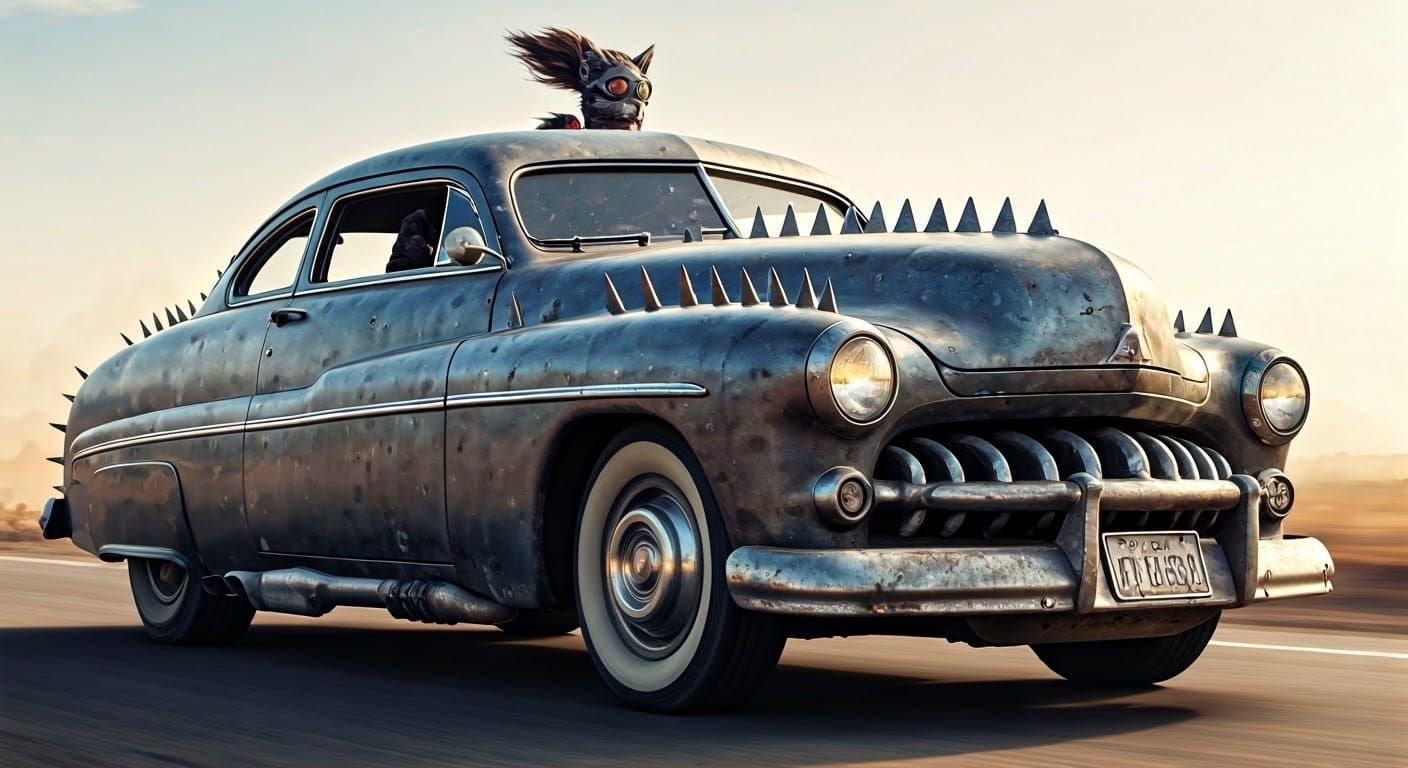 Armored 1949 Mercury Catgirl Driver in Dystopian Landscape
