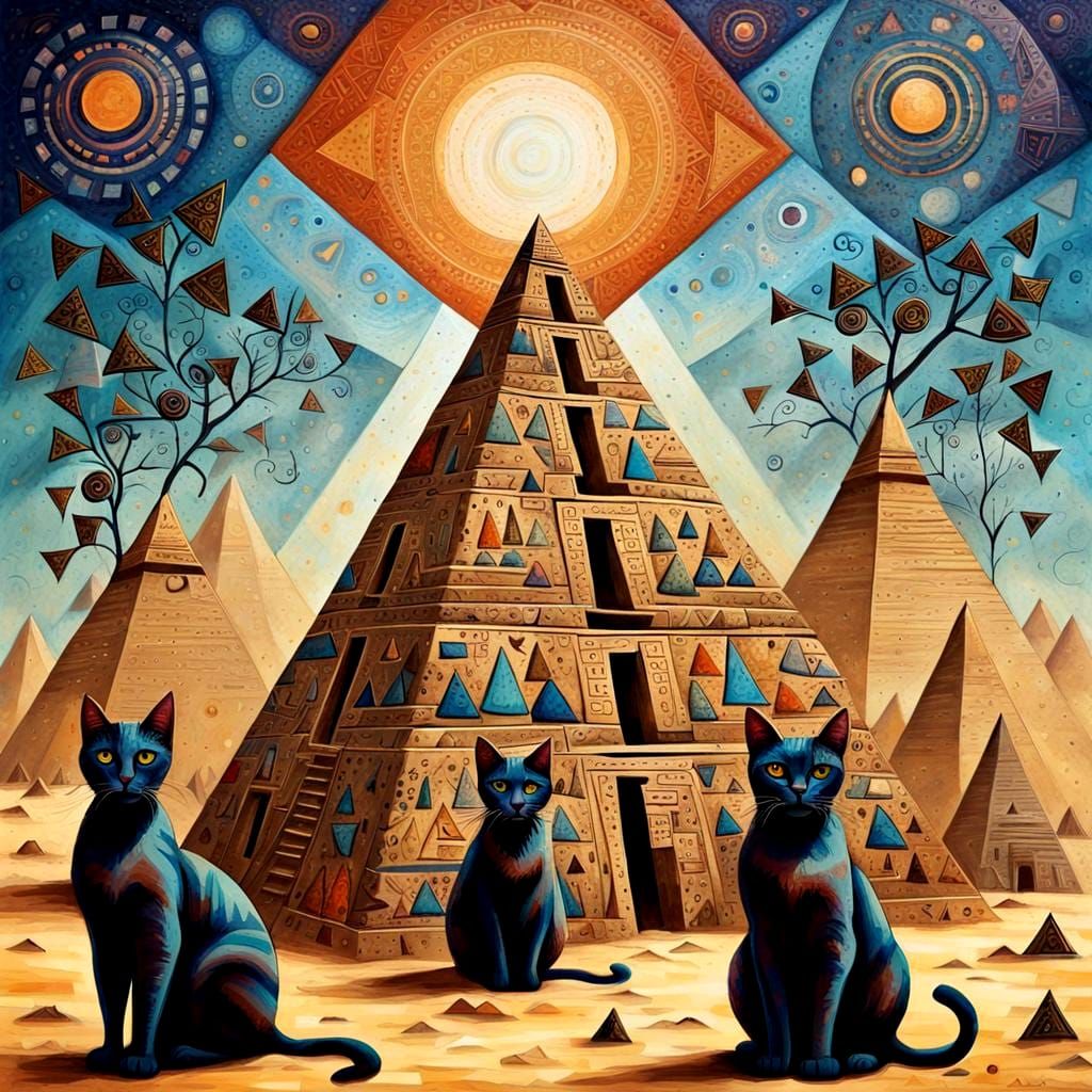 African Tribal Cats Cosmic Pyramid in Naive Art Style
