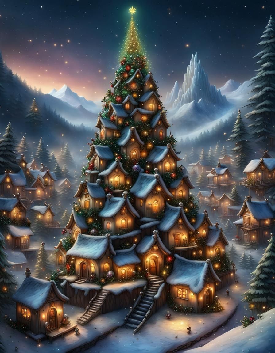 Christmas Tree Fairy Village: Photorealistic Winter Night