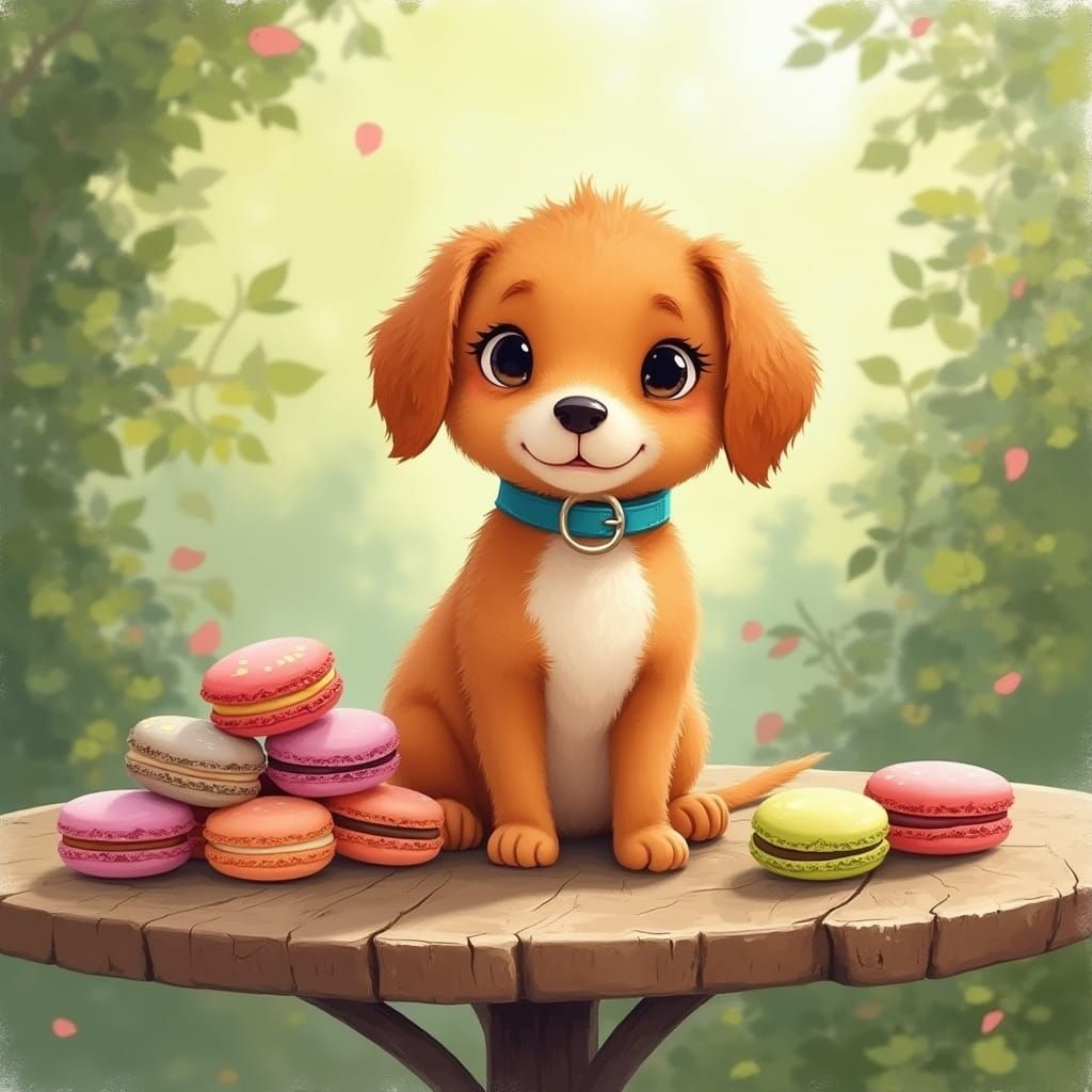 Whimsical Red Kelpie Puppy Surrounded by Colourful Macarons ...