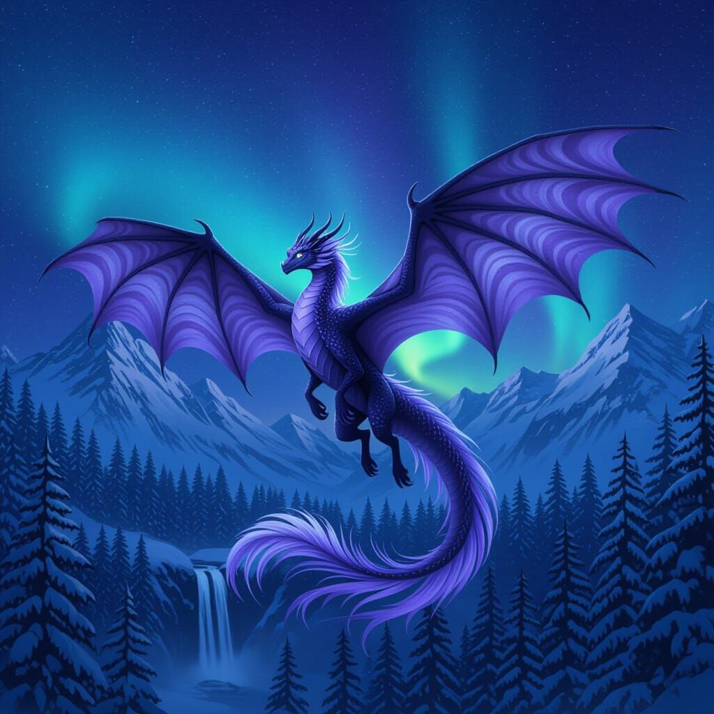 Dragon Soaring Under Aurora Borealis in Snowy Forest