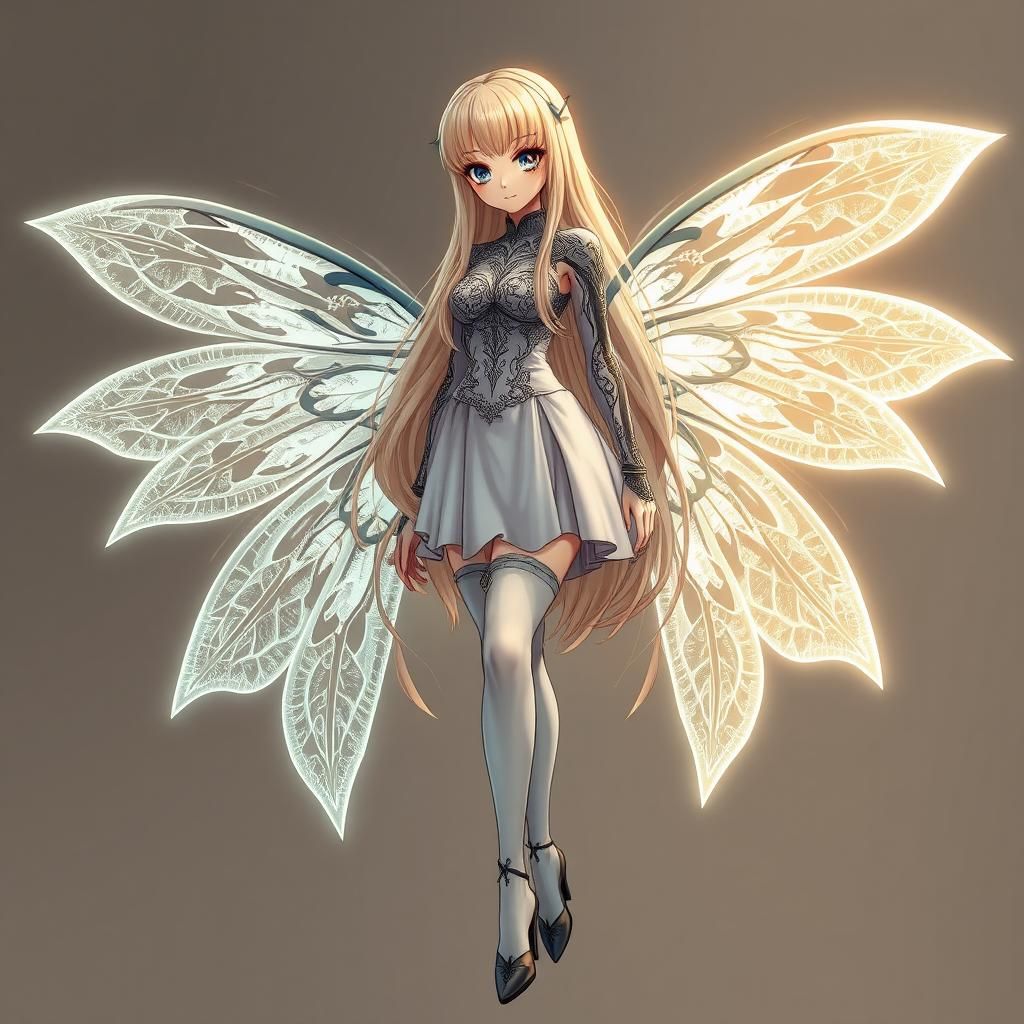 Anime-Style Cyborg Fairy with Lace Wings