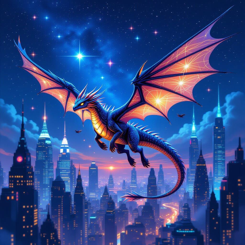 Galactic Dragon Over Cyberpunk Cityscape