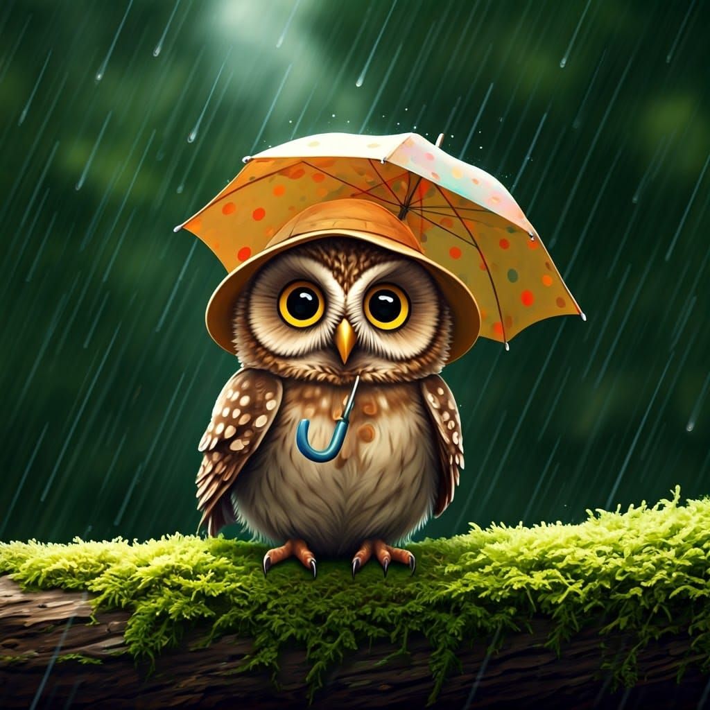 Whimsical Baby Owl in Rainy Forest