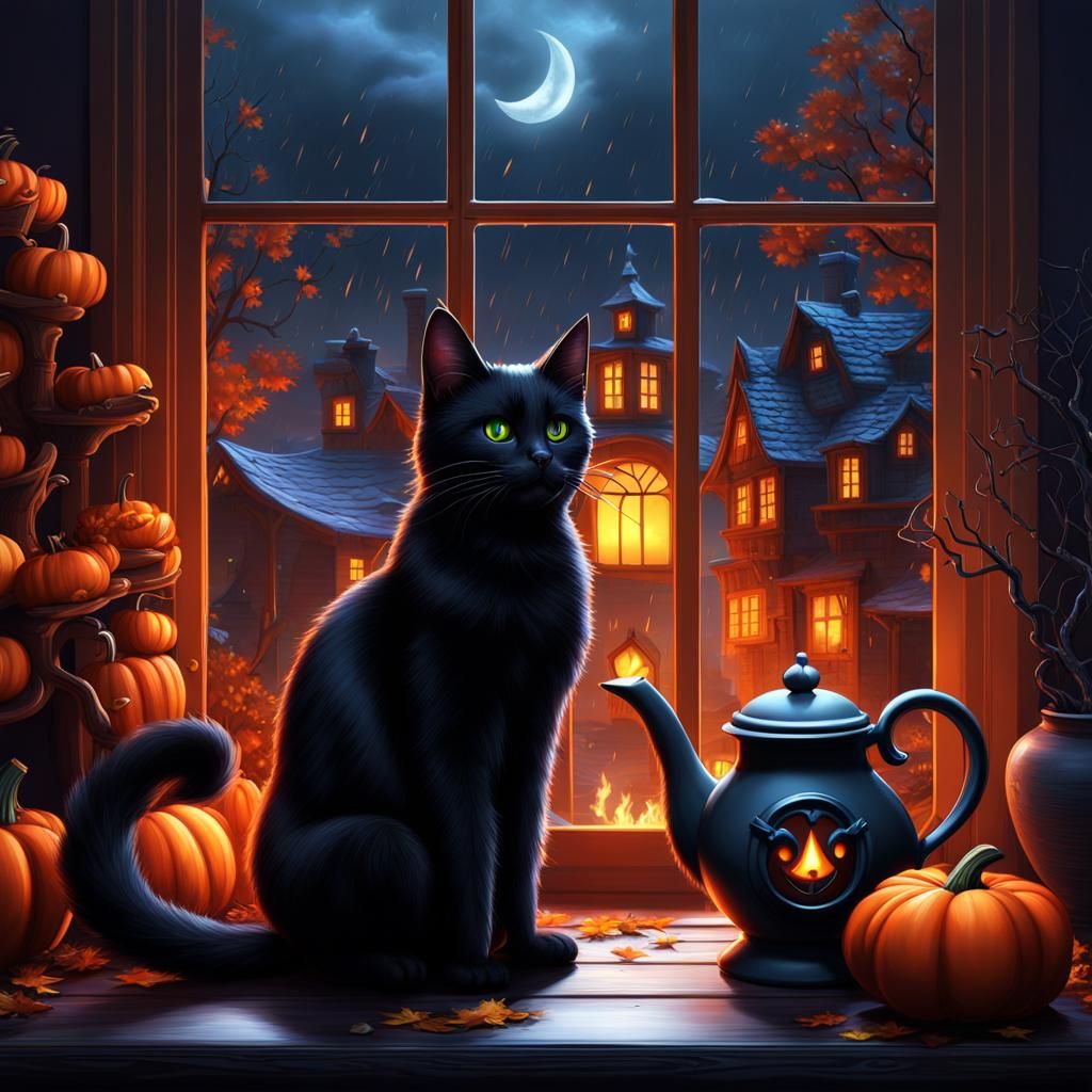 Cozy Halloween Night with Black Cat
