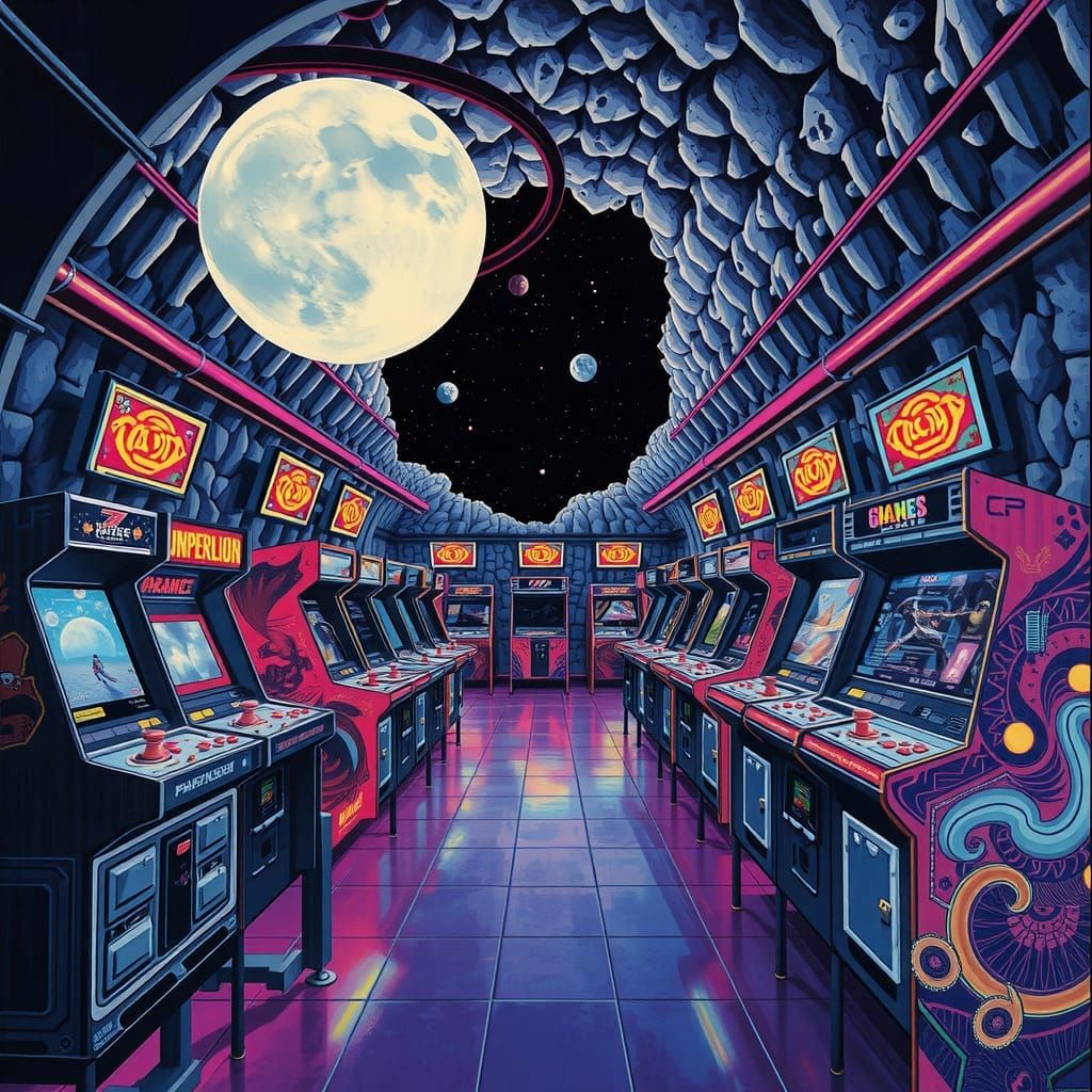 Surreal Futuristic Arcade on the Lunar Surface