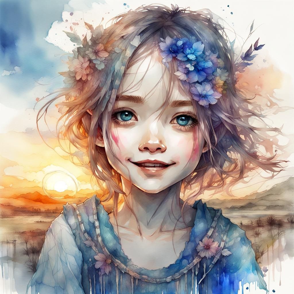 Chibi Sapphire in Watercolor Fantasy Landscape