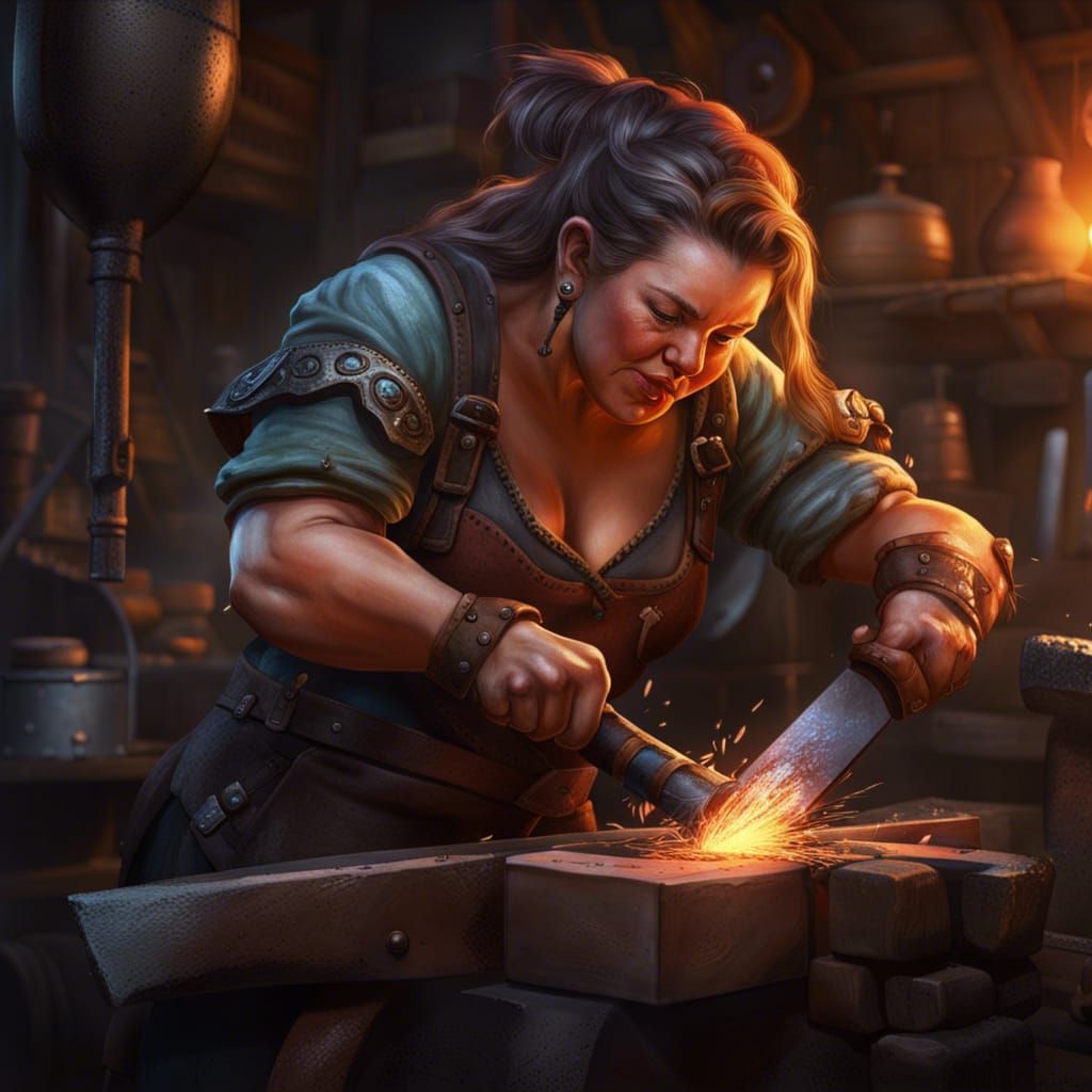Female Dwarf Blacksmith at Forge in Hyperrealistic Style