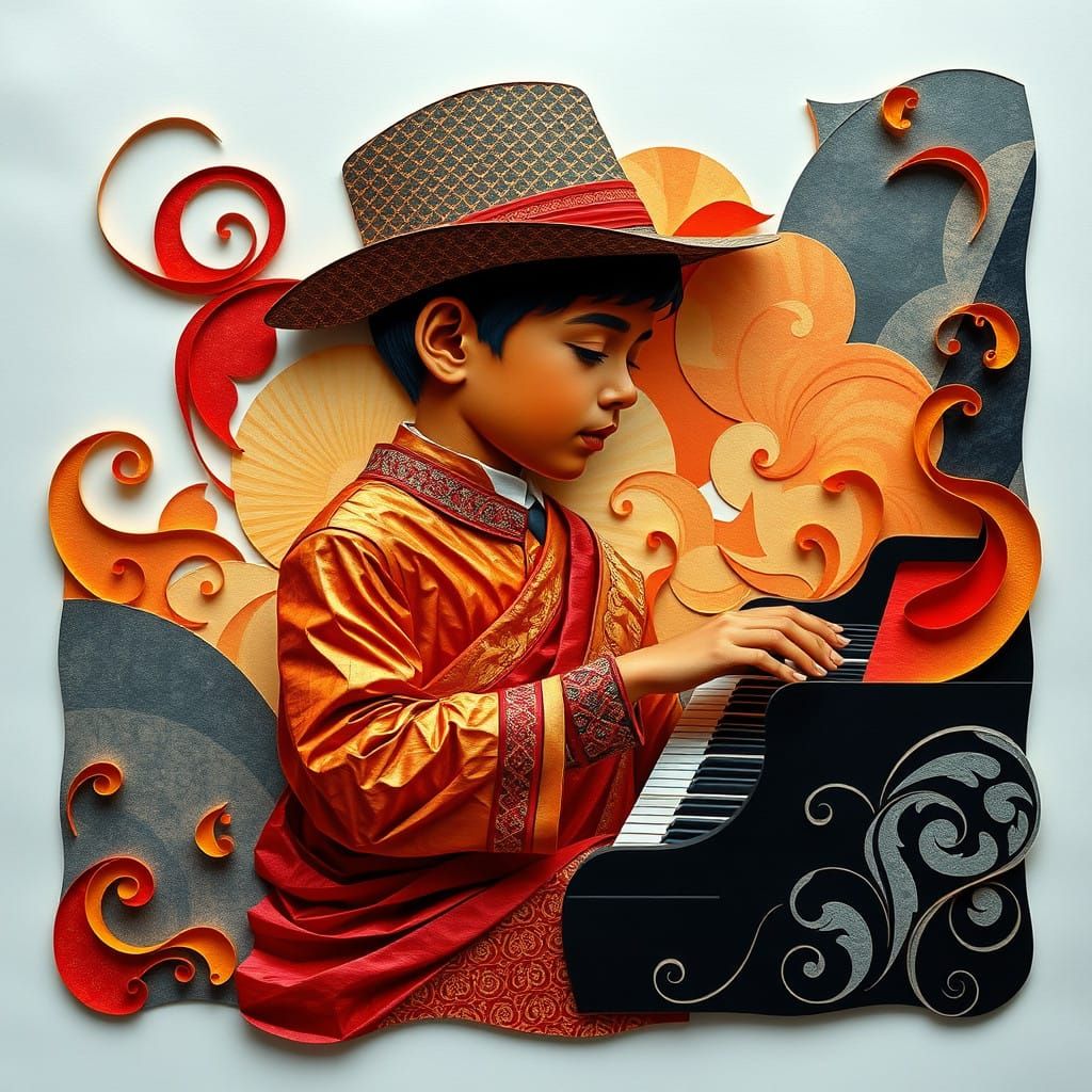 Elegant Boy Plays Piano in Vibrant Paper Art