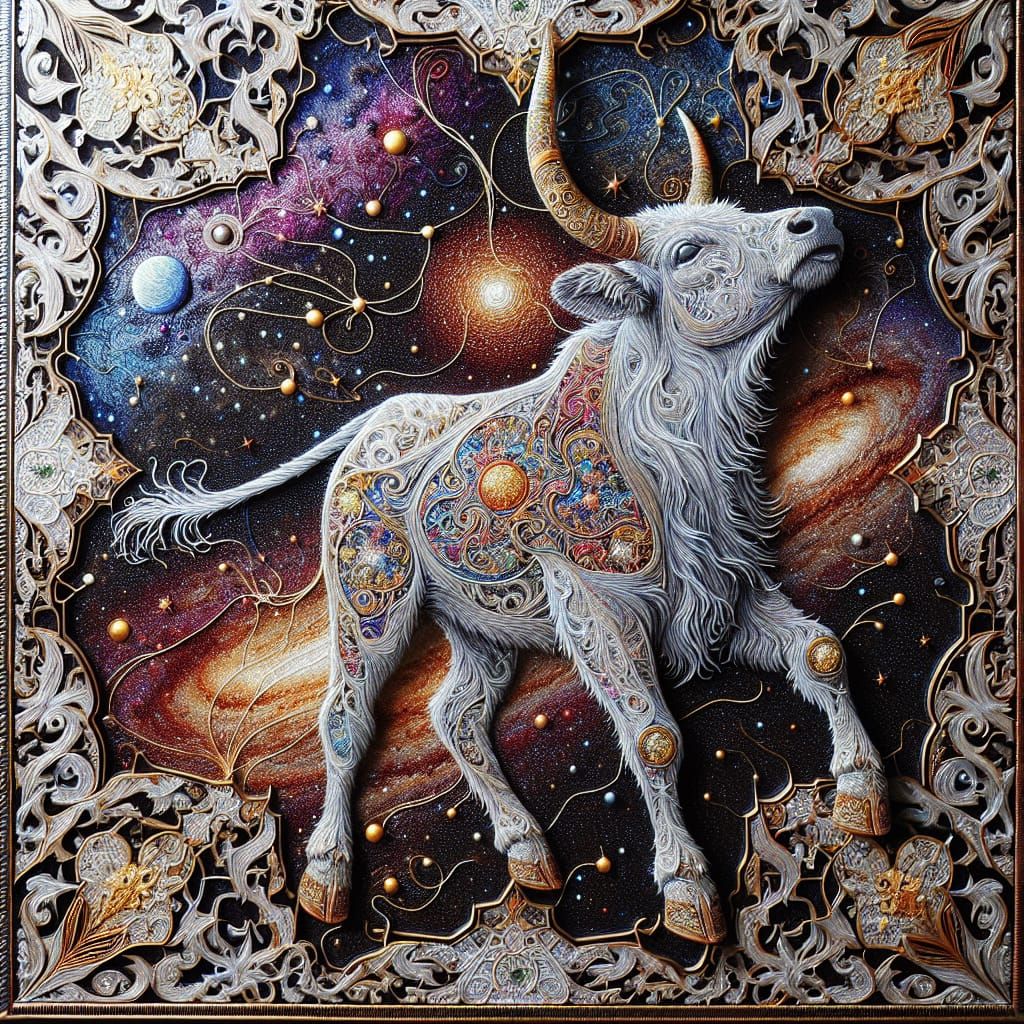 Cosmic Mooncalf Embroidery in Intricate Galactic Pattern