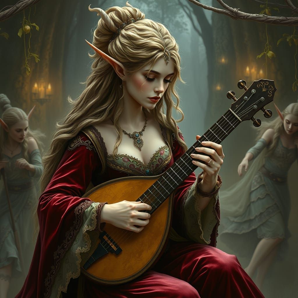 Elven Woman Plays Lute in Hyperrealistic Style