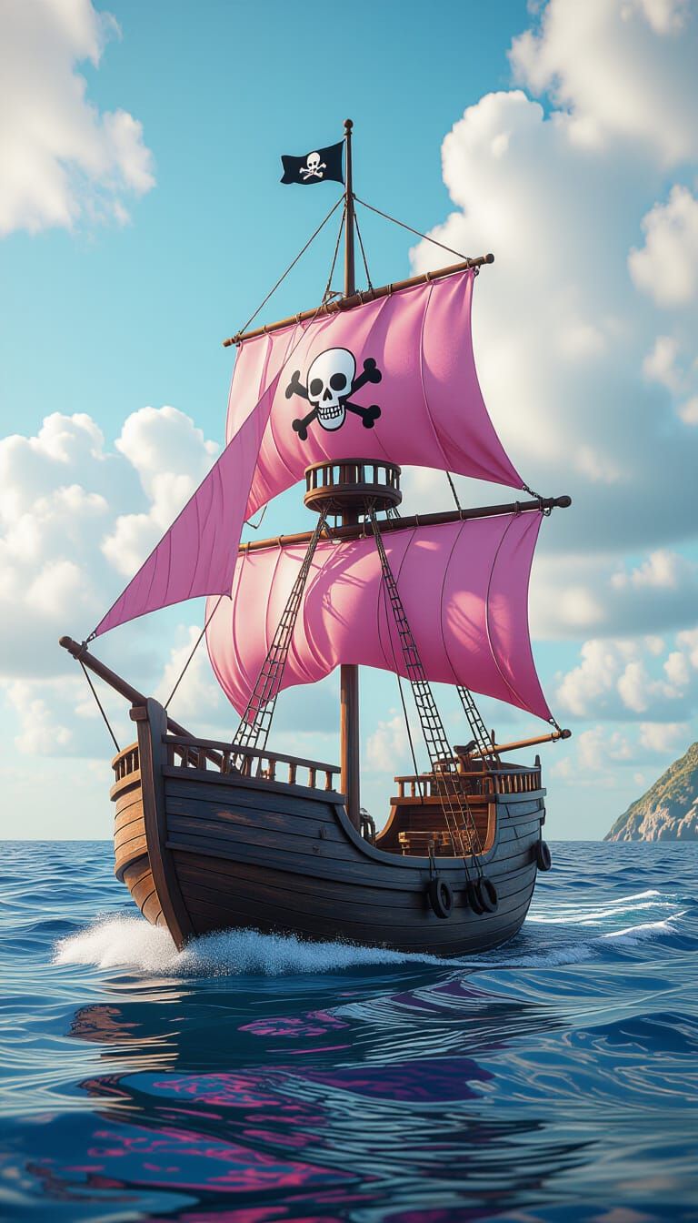 Chibi Pirate Boat with Pink Sail at Sea